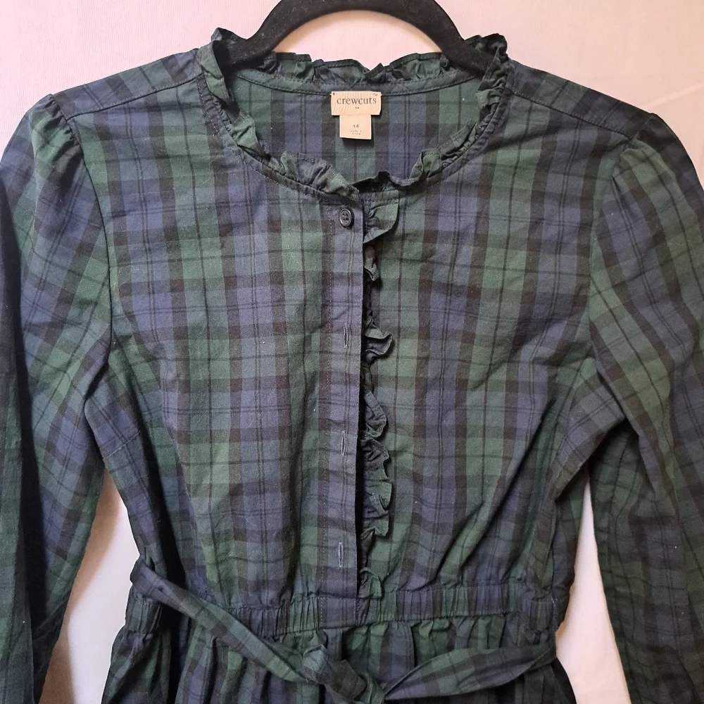 Crewcuts Girls Black Watch Plaid Ruffle Dress Green Navy Tartan Size 14
